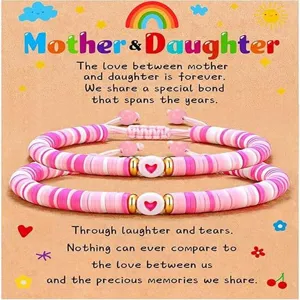 Mother daughter beaded bracelet set colorful clay heishi beads cute heart jewelry gift