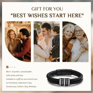 Custom men's braided leather bracelet with engraved name beads, perfect personalized gift for men.