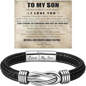 Men's Stainless Steel Leather Bracelet Magnetic Clasp Twist Design with Sentimental Gift Card