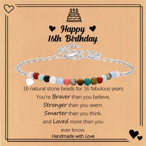 Vista detallada de pulsera de cuentas de piedra natural, piedras coloridas, regalo de cumpleaños.