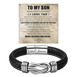 Men stainless steel braided leather bracelet with magnetic clasp and love son message card.