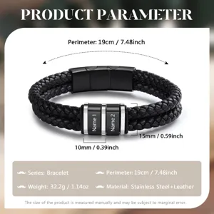 Detail view of customized braided leather bracelet with stainless steel beads and clear size data.