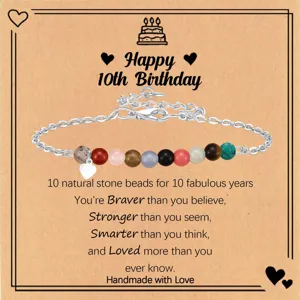 Pulsera de cuentas de piedra natural para 10 cumpleaños con dije de corazón mujer.