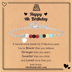 Pulsera de cuentas de piedra natural colorida con tarjeta de felicitación de 9 cumpleaños.