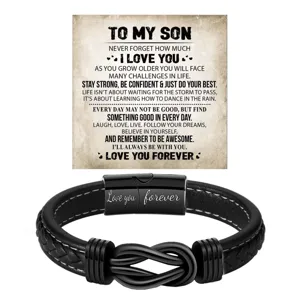 Stainless steel leather bracelet for men with magnetic twist clasp and love card.