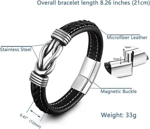 Detail view of the men's braided leather bracelet featuring stainless steel and a magnetic clasp.