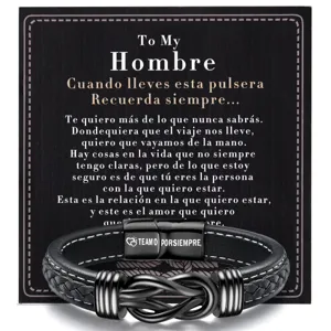 Detailed shot of men braided leather bracelet with stainless steel magnetic clasp and card.