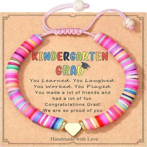 Children colorful clay beads bracelet graduation gift with heart charm and school card.