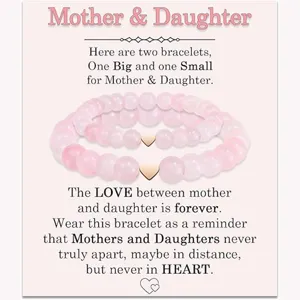 Mother and daughter crystal beaded bracelet set with sweet heart charm for family matching.