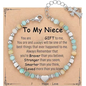 Bohemian natural stone beaded bracelet with heart charm and cross extension chain for niece.