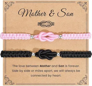 Mother and son braided bracelet set matching handmade woven rope couple jewelry gifts card.