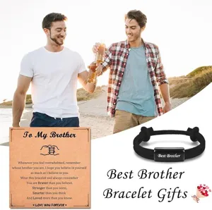 Adjustable black braided rope bracelet gift for brother with heartfelt message card.