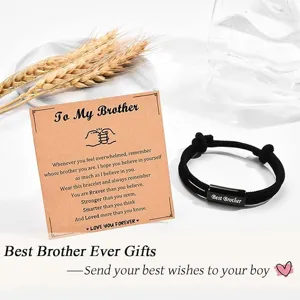 Adjustable woven cord bracelet for men, brother gift with message card and engraved metal tube.
