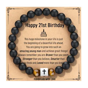 Pulsera de cuentas para hombre piedra negra mate ojo de tigre cruz regalo cumpleaños