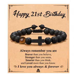 Pulsera de cruz con cuentas de obsidiana negra y ojo de tigre regalo cumpleaños detalle.