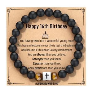 Pulsera de Cuentas de Piedra Natural de Obsidiana y Ojo de Tigre Con Colgante de Cruz de Acero Inoxidable Regalo de Cumpleaños para Hombre Joyería de Moda