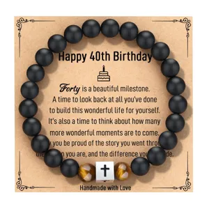 Pulsera de cuentas de obsidiana y ojo de tigre con cruz de acero para 40 cumpleaños.