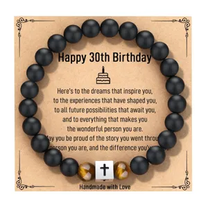 Pulsera de cuentas de obsidiana negra con ojo de tigre y cruz para regalo de 30 cumpleaños.