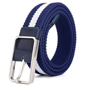 Unisex Blue Woven Elastic Belt with Silver Metal Pin Buckle Casual Daily Canvas Belt
