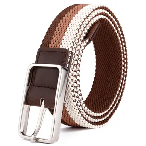Woven elastic belt for men and women with metal buckle and stylish striped design main view