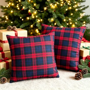 Housse de coussin a carreaux rouge et bleu, coussin deco de Noel vintage pour canape