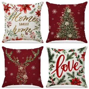 Christmas Cushion Cover Festive Red Linen Throw Pillow Case Elk Holiday Decorative Pillowcase For Sofa Bed