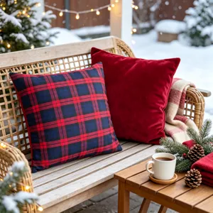 Housses de coussin d'hiver à carreaux et velours rouge pour décoration de canapé en détail.