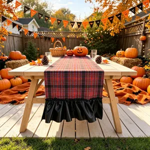 Dark Grid Table Runner With Ruffle Trim Polyester Fabric Halloween Party Table Decoration Home Dining Room