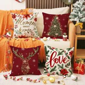 Christmas linen printed throw pillow covers set red holiday home sofa decorative cushion