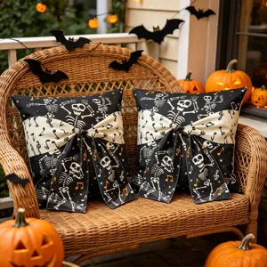 Federe cuscini Halloween scheletro con fiocco. Cuscino decorativo poliestere nero.