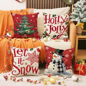 Christmas decorative pillow covers set, holiday red cushion cases for sofa 4pcs.