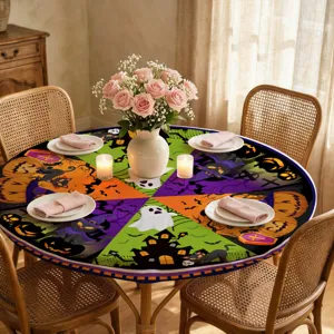 Halloween Round Tablecloth Elastic Edge Table Cover Stretch Fleece Dustproof Table Cloth for Party Home Decor