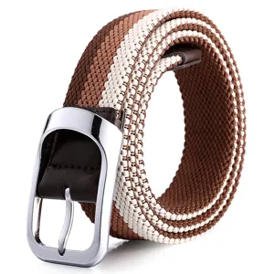 Stylish tricolor woven elastic belt with metal buckle, casual stretch waistband for daily wear.