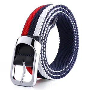Woven elastic belt with red, white and blue stripes, silver metal buckle and casual design.