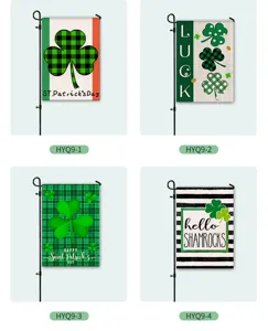 St. Patrick's Day garden flag with festive clover prints for outdoor yard decoration.