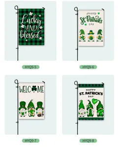 St. Patrick's Day garden flag detail view featuring festive gnome and clover print designs.