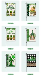 St. Patrick's Day garden flag detail showing festive gnome and clover patterns clearly.
