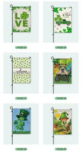 St. Patrick's Day garden flags with festive clover and cute cartoon prints, outdoor decor.