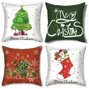 Christmas pillow cover details featuring festive tree and stocking print design.