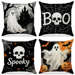 Halloween Fantasma Calabaza Funda de Cojín de Poliéster Negro y Blanco Espeluznante Vacaciones Decorativo Sofá Cojín