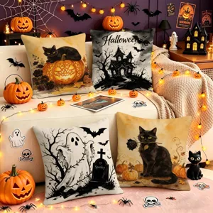 Vista dettagliata della fodera per cuscino di Halloween con gatto nero e stampa.