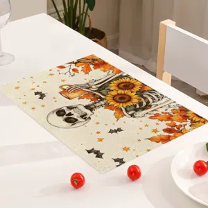 Detailansicht der herbstlichen Halloween Polyester Tischset mit Skelett und Sonnenblumen.