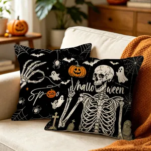 Halloween skeleton pillowcase, spooky pumpkin cushion cover for cozy home sofa decor.