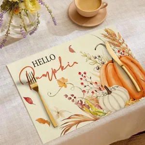 Herbst Kürbis Druck Polyester Tischset Detailansicht, dekorative Tischmatte für Esszimmer.