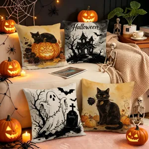 Federe per cuscini Halloween set di 4, poliestere stampato gatto nero fantasma fodera decorativa.