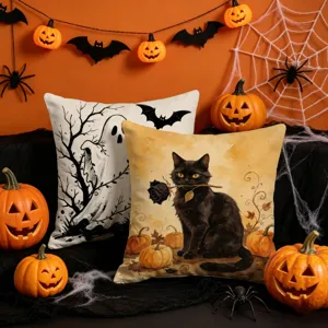 Federe per cuscini di Halloween con gatto nero e fantasma per decorare il divano in festa.