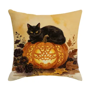Fodera cuscino Halloween gatto nero zucca stampa decorativo per divano casa soggiorno