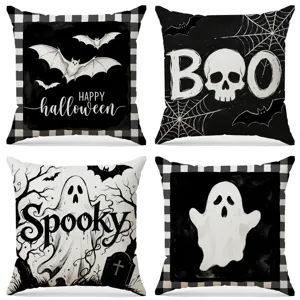 Halloween Ghost Pillow Cover Black And White Bat Skull Decorative Cushion Cover For Sofa Party Home Decor