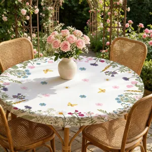 Blumenmuster Runde Tischdecke Elastischer Rand Staubdicht Tischabdeckung Landhausstil Stoff Esstisch Schutz Heimdekoration