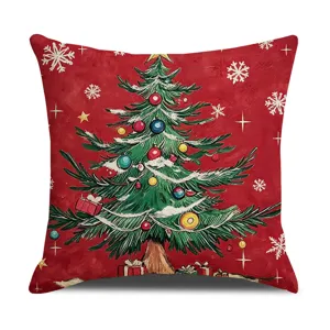 Christmas Tree Printed Cushion Cover Red Festive Sofa Pillow Holiday Home Decor Main